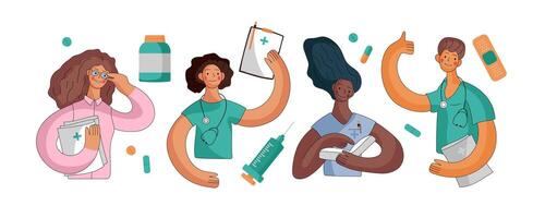 Healthcare professionals engaged in various activities in a bright and colorful setting vector