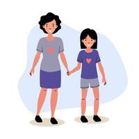 A mother and daughter holding hands while wearing matching heart-themed outfits in a cheerful setting vector