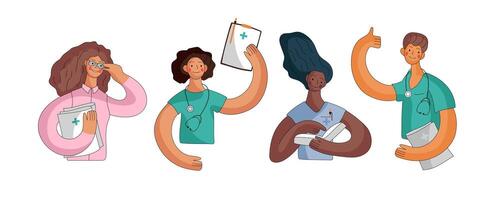 Diverse healthcare professionals engaging in various tasks in a vibrant, illustrated style vector
