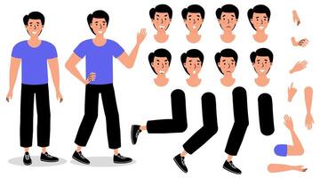 Illustration of a character with various facial expressions and body poses in a flat design style vector