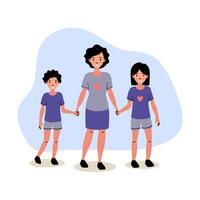 A mother holds hands with her two children while standing against a colorful background vector