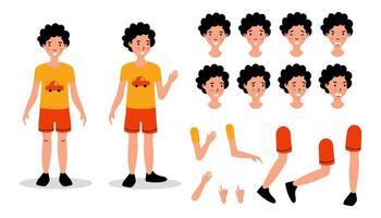 A character design sheet featuring a young boy in shorts with various facial expressions and poses vector