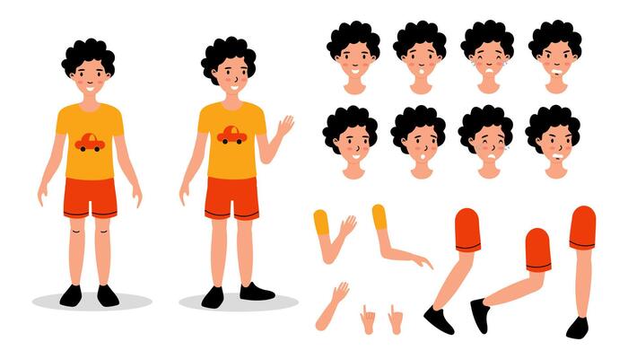 A character design sheet featuring a young boy in shorts with various facial expressions and poses
