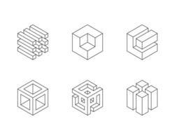 Black and white Cube logo, geometric design. Set box logotype company, trendy techno emblem in isometric 3D style. vector