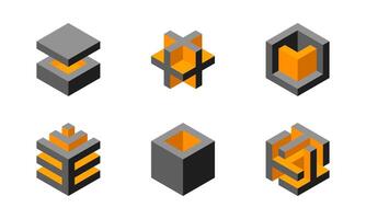 Cube logo, geometric design. Box logotype company, trendy tech emblem in pixel style. vector