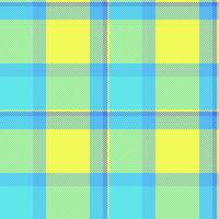 Colour seamless textile fabric, symmetry check background. Age pattern texture tartan plaid in cyan and lime colors. vector