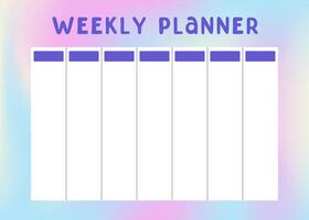 Trendy Minimalistic Fluid Blurred Gradient Background. Back to School background. Cute lifestyle planner is for 7 days. Schedule design template illustration. Purple blue Futuristic abstraction vector