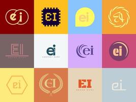 EI logo company template. Letter e and i logotype. Set different classic serif lettering and modern bold text with design elements. Initial font typography. vector