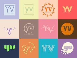 YV logo company template. Letter y and v logotype. Set different classic serif lettering and modern bold text with design elements. Initial font typography. vector