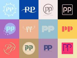 PP logo company template. Letter p and p logotype. Set different classic serif lettering and modern bold text with design elements. Initial font typography. vector