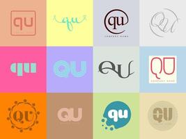 QU logo company template. Letter q and u logotype. Set different classic serif lettering and modern bold text with design elements. Initial font typography. vector