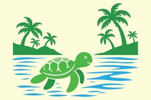 a turtle swimming in the ocean with palm trees vector