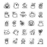 Set of adorable Halloween-themed icons and elements, cute hand drawings in black and white, playful and charming style. vector