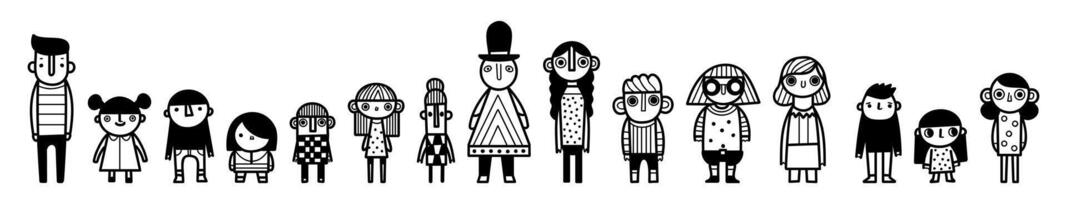 Diverse group of cartoon characters standing in a row, different styles and genders and ages, variety of outfits and expressions. vector