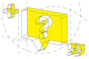 Isometric illustration featuring a yellow speech bubble with a white question mark at its center. Surrounded by geometric shapes, symbolizing communication, inquiry, and problem-solving. vector