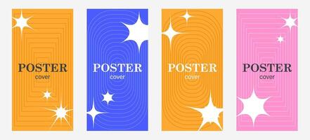 Set Posters y2k aesthetics. Collection of Banner templates with glitter, Sparkles. Stars, curved contour frames, bright colors. Elements of astrology, lines. Modern Abstraction. illustration vector