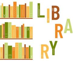 Bookshelves. Books arranged in the word Library. Hardcovers of literature. Textbook covers on the shelf. Book spine. Bookcase. School, education, reading. Funny text. Colored. illustration vector