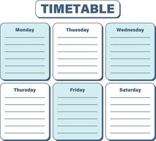 School Timetable for Lessons. Lined template Schedule for week. List of tasks, homework, household chores. Simple, rounded frames of day block. Blue and white color. Isolated. illustration vector