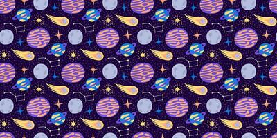 Space pattern for kids. Outer space with funny planets, comet, Ursa Major constellation. Moon and stars. Cute doodle elements of Galaxy. Seamless print of astronomy, astrology. illustration vector