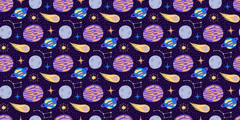 Space pattern for kids. Outer space with funny planets, comet, Ursa Major constellation. Moon and stars. Cute doodle elements of Galaxy. Seamless print of astronomy, astrology. illustration