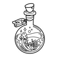 Halloween illustration featuring a potion bottle with mushrooms and a skull tag. Perfect for coloring pages vector
