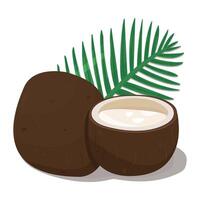 Two coconuts with a big palm leaf, whole nut and a half of coconut, colorful illustration vector