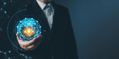 Hologram world and networked connections in the hands of businessmen.Big data analytics and business intelligence concept. Digital link tech.information technology exchange and innovation transform. photo
