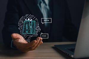 man holding command prompt ai chat. Big data storage.Digital Artificial Intelligence AI technology disruption concept. We are implementing storage technology support in the business. photo