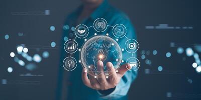 AI information service management. person holds global to plan and target in business, using online digital market network technology in smart business. big data analytics intelligence strategy. photo