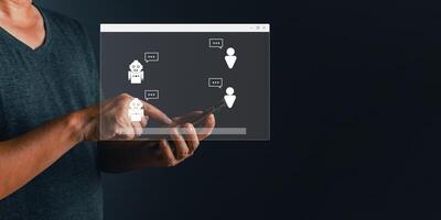 man use software command prompt service AI chat. Artificial Intelligence technology disruption concept. smart robot AI generates digital assets. using AI for data analysis support in the business. photo