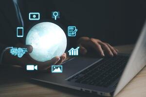 Man hold icon ai and use laptop, Marketers education, research, analyze media streaming content creation and online marketing strategies to grow their digital business. photo