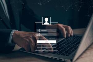 man protect personal data on a laptop with virtual screen interfaces.Cybersecurity and privacy concepts to protect data. Lock icon and internet network security technology photo