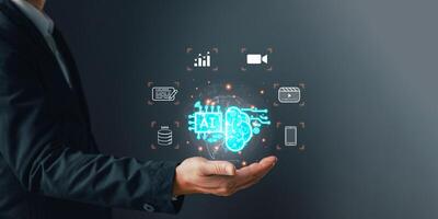 Man hold icon AI management, Marketers education, research, analysis media streaming content creation and online marketing strategy to grow their digital business. Using AI to analyze business. photo
