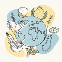 a drawing of a globe with a hand drawn illustration of a globe and some fruit. vector