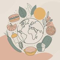 a drawing of a world with different food items around it. vector