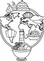 a drawing of a fish and seafood dish with a drawing of a lighthouse. vector