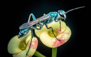 Blue Mud Wasp on Euphorbia milii flower. photo