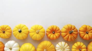 Pumpkins on white background. Top view with copy space. photo