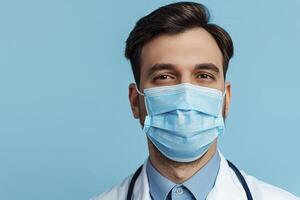 Doctor in a medical mask on a blue background. photo