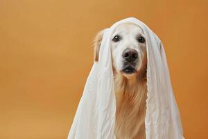 Cute Golden Retriever dog in a white cloth on an orange background. Halloween banner. photo