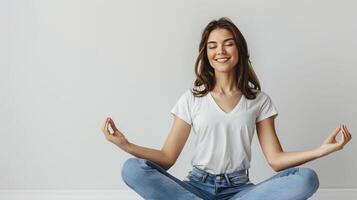 Happy young woman meditating in lotus pose isolated on grey background. photo