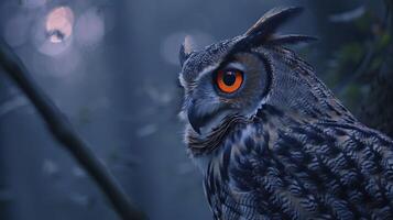 Owl with orange eyes in the forest. photo