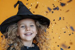 Cute little girl in witch costume on orange background with confetti. photo