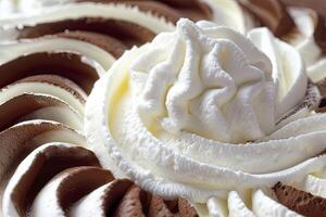 Close up of whipped cream swirl texture with chocolate for background and design. photo