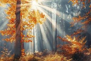 Colorful autumn forest with sunbeams in the morning. Magical atmosphere. photo