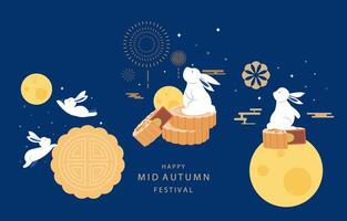 mid autumn object element three set with rabbit and moon vector