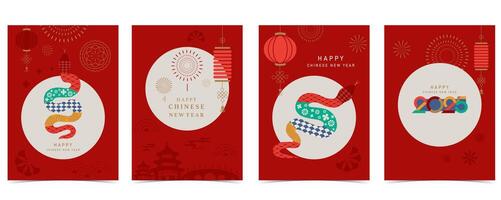 Happy Chinese New Year on red background with geometric snake vector