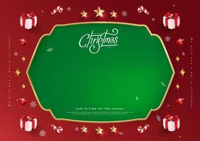 Merry Christmas sign banner frame with empty space and festive decoration on red background vector