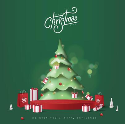 Merry Christmas banner product display cylindrical shape with copy space and gift box decorate christmas tree background