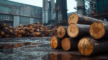 Freshly cut pine logs are piled up, ready for processing in a timber factory photo